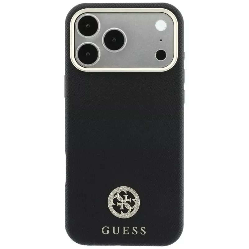 Guess GUE005533 Grained Round Strass Logo apsauginis MagSafe dėklas iPhone 18 Pro / 17 Pro, juodas