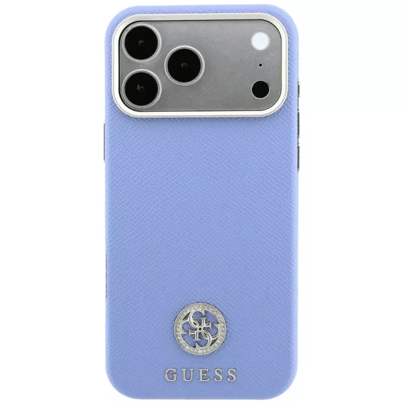 Guess GUE005539 dėklas iPhone 18 Pro / 17 Pro su MagSafe ir Grained Round Strass Logo, mėlynas