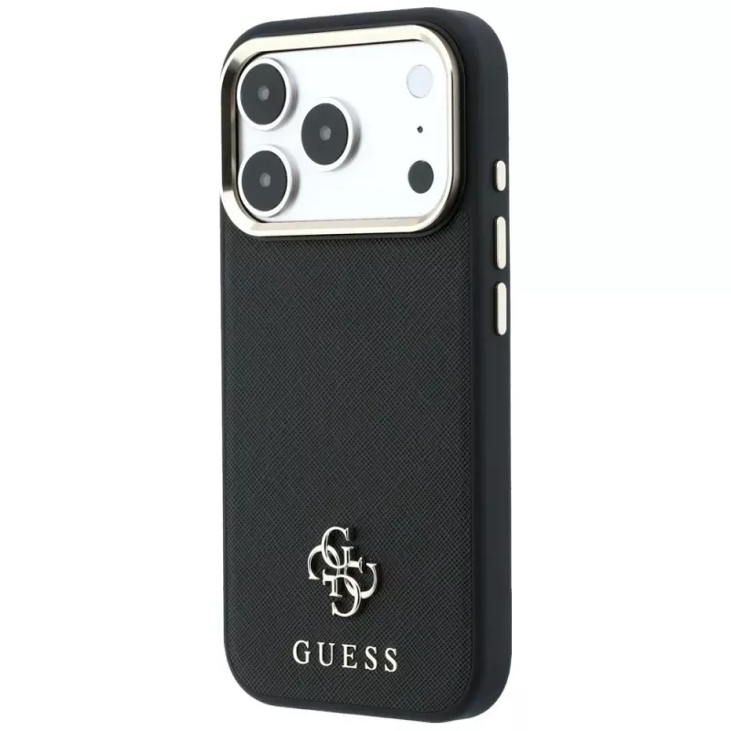 Guess Saffiano Small 4G & Classic Logo dėklas su MagSafe, skirtas iPhone 18 Pro / 17 Pro, juodas