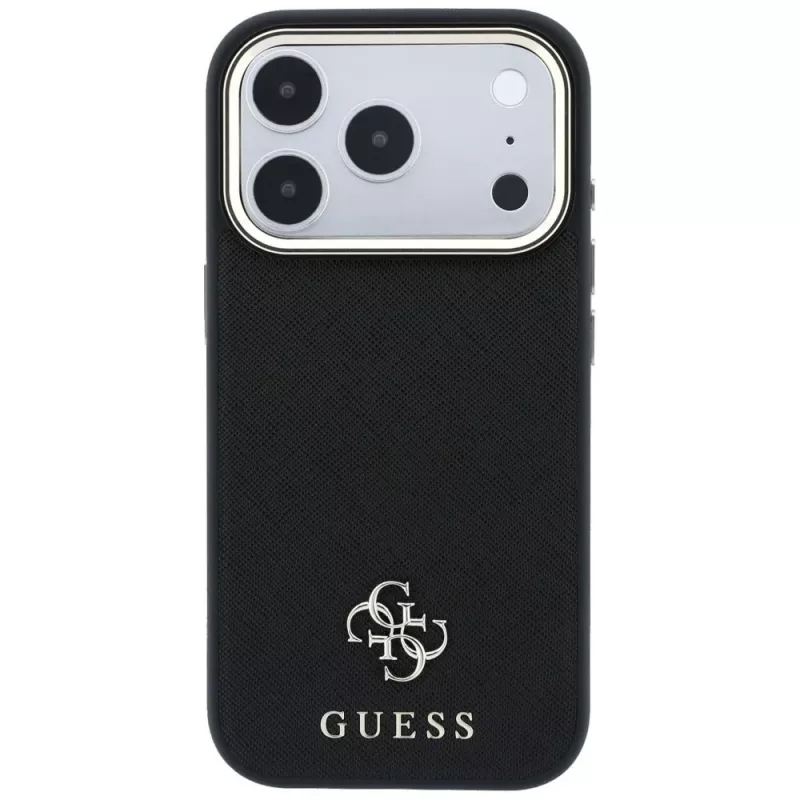 Guess Saffiano Small 4G & Classic Logo dėklas su MagSafe, skirtas iPhone 18 Pro / 17 Pro, juodas
