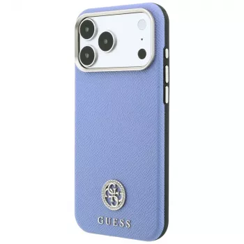 Guess Grained Round Strass Logo dėklas su MagSafe, skirtas iPhone 18 Pro Max / 17 Pro Max, mėlynas