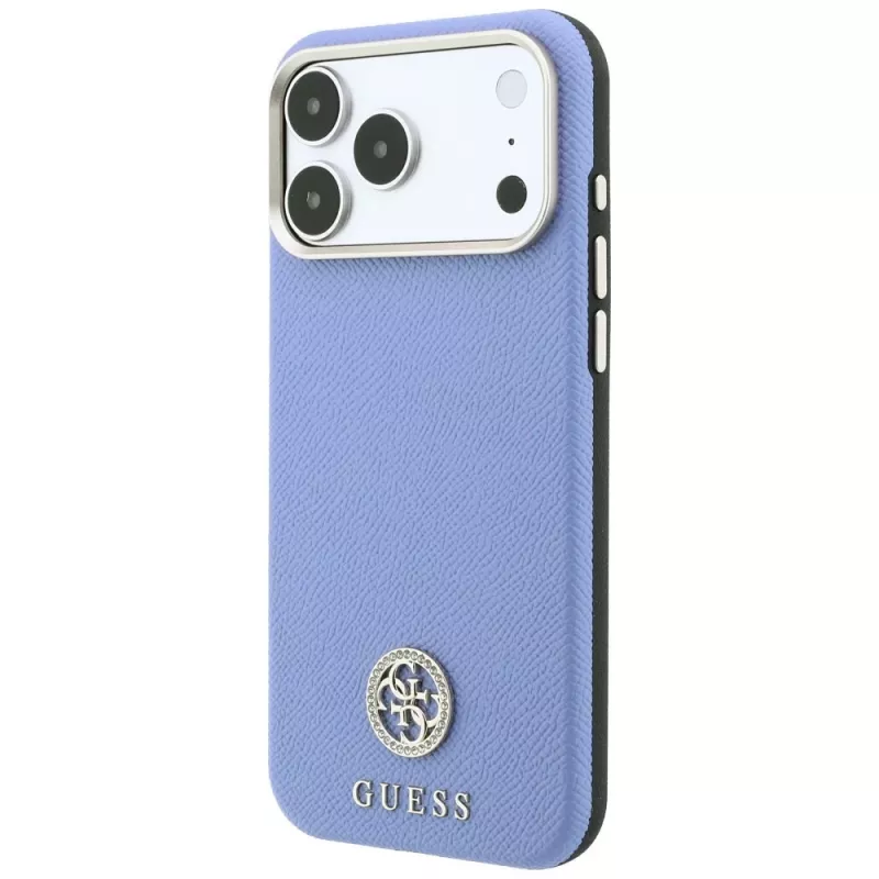 Guess Grained Round Strass Logo dėklas su MagSafe, skirtas iPhone 18 Pro Max / 17 Pro Max, mėlynas