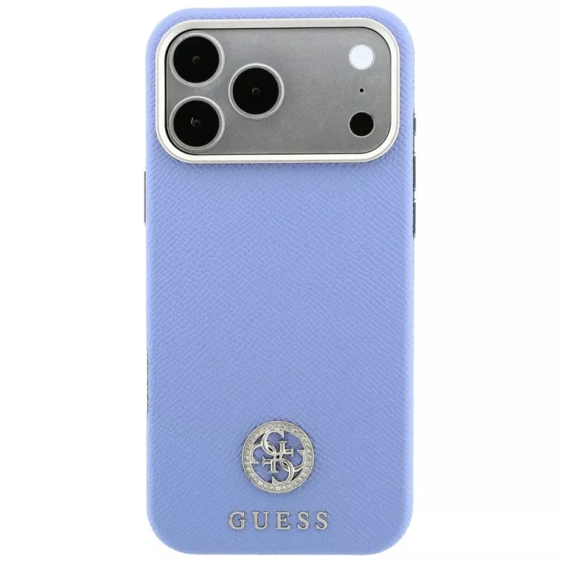 Guess Grained Round Strass Logo dėklas su MagSafe, skirtas iPhone 18 Pro Max / 17 Pro Max, mėlynas