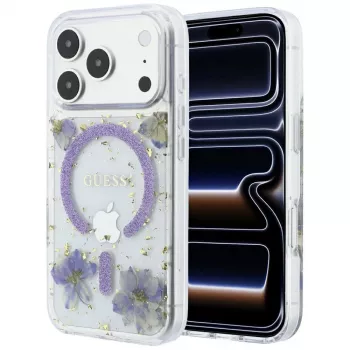 Guess GUE005781 Resin Flowers Glitter MagSafe telefono dėklas iPhone 18 Pro / 17 Pro, violetinis