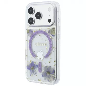 Guess GUE005781 Resin Flowers Glitter MagSafe telefono dėklas iPhone 18 Pro / 17 Pro, violetinis