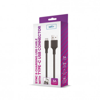 Setty laidas USB-A / USB-C, 1 m, 3 A, juodos spalvos