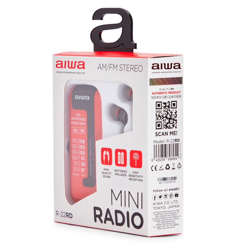 AIWA R-22RD nešiojamas kišeninis radijas su ausinėmis, raudonas