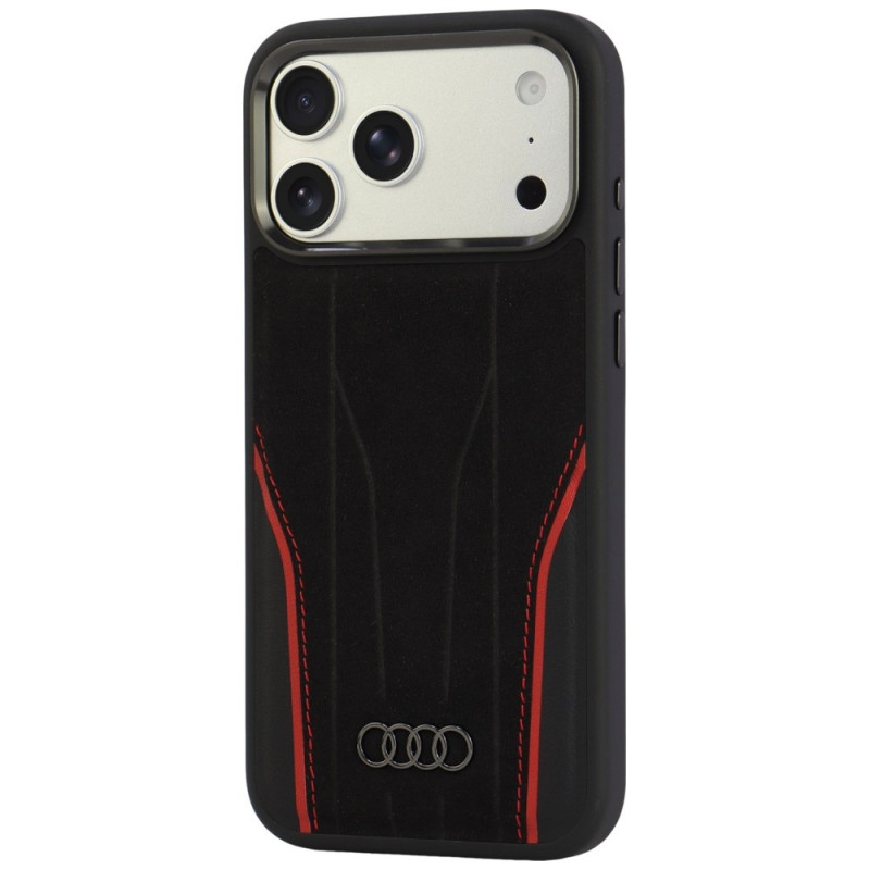 Audi R8 Genuine Leather MagSafe dėklas iš tikros odos iPhone 18 Pro Max / 17 Pro Max, juodos ir raudonos spalvų (AUDI000240)
