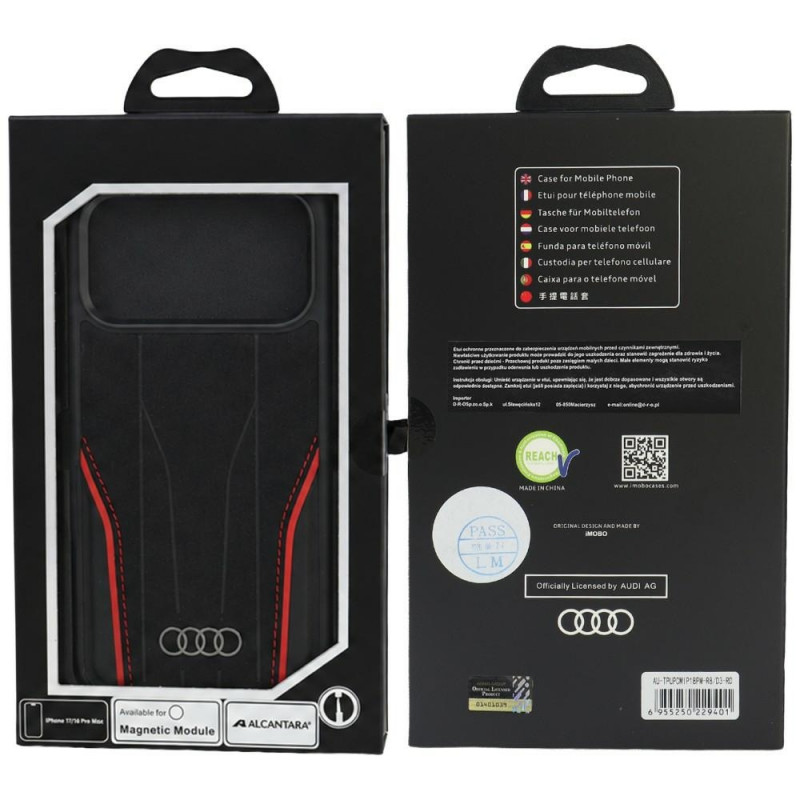 Audi R8 Genuine Leather MagSafe dėklas iš tikros odos iPhone 18 Pro Max / 17 Pro Max, juodos ir raudonos spalvų (AUDI000240)