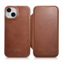 iCarer CE Oil Wax Premium Leather Folio Case natūralios odos dėklas knygelė iPhone 14 Plus telefonui, magnetinis, MagSafe, rudas (AKI14220707-BN)