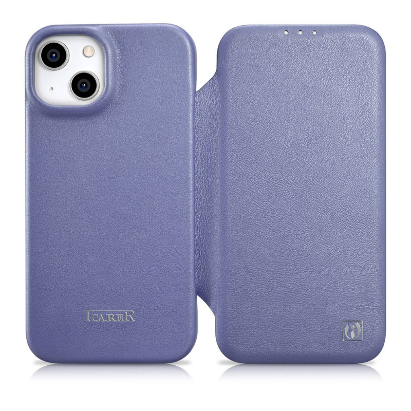 iCarer CE Premium Leather Folio Case natūralios odos dėklas knygelė Apple iPhone 14 Plus / 15 Plus telefonams, MagSafe, šviesiai violetinis (ICR413)