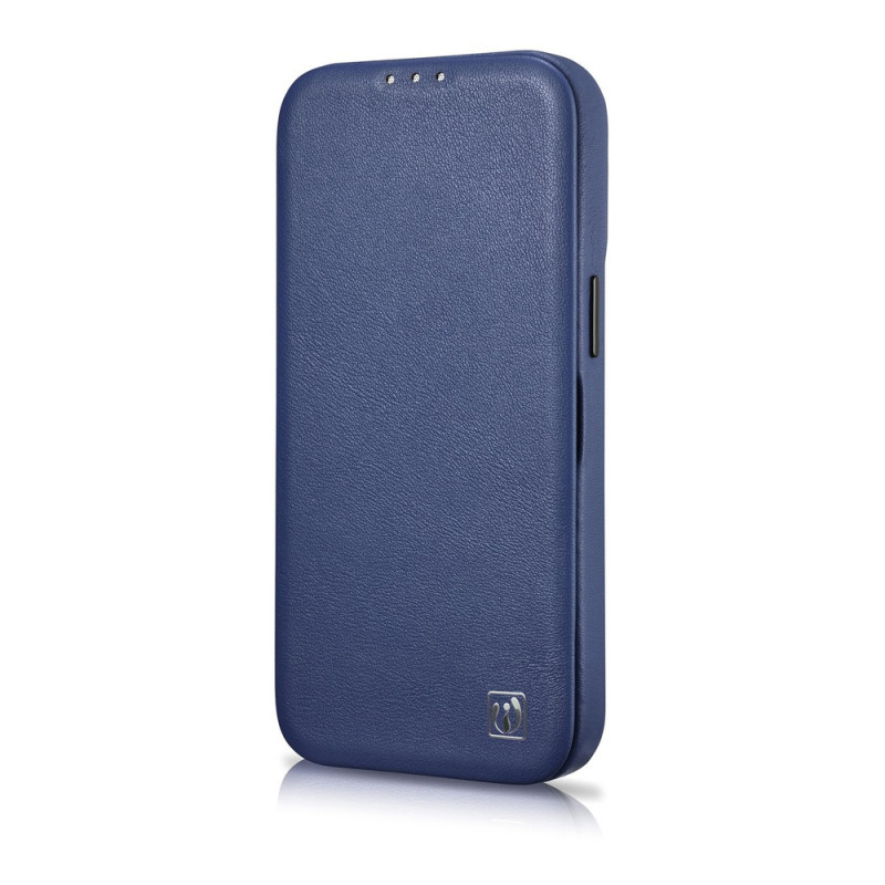 iCarer CE Premium Leather Folio Case natūralios odos dėklas knygelė iPhone 14 Plus telefonui, magnetinis, MagSafe, mėlynas (WMI14220715-BU)
