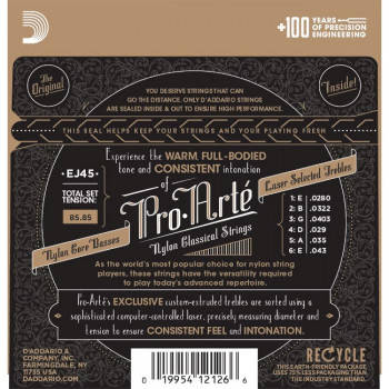Daddario D'Addario EJ45 Pro-Arté nailoninės stygos klasikinei gitarai, normalus įtempimas, 28-43