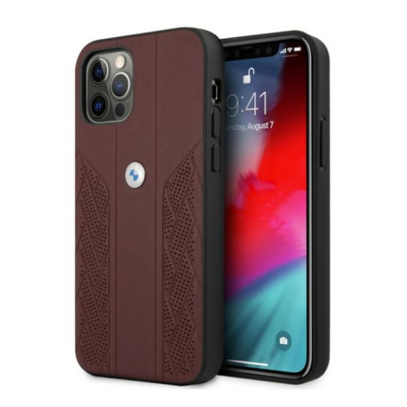 BMW BMHCP12LRSPPR Curve Perforate odinis kietojo tipo dėklas, tinkantis Apple iPhone 12 Pro Max, raudonas