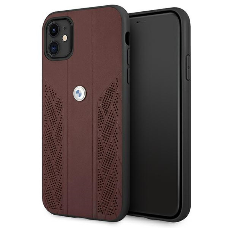 BMW BMHCN61RSPPR Leather Curve Perforate kietas dėklas Apple iPhone 11, raudonas