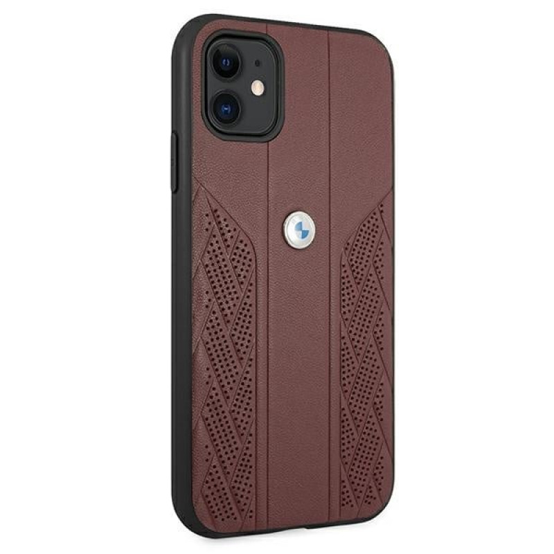 BMW BMHCN61RSPPR Leather Curve Perforate kietas dėklas Apple iPhone 11, raudonas