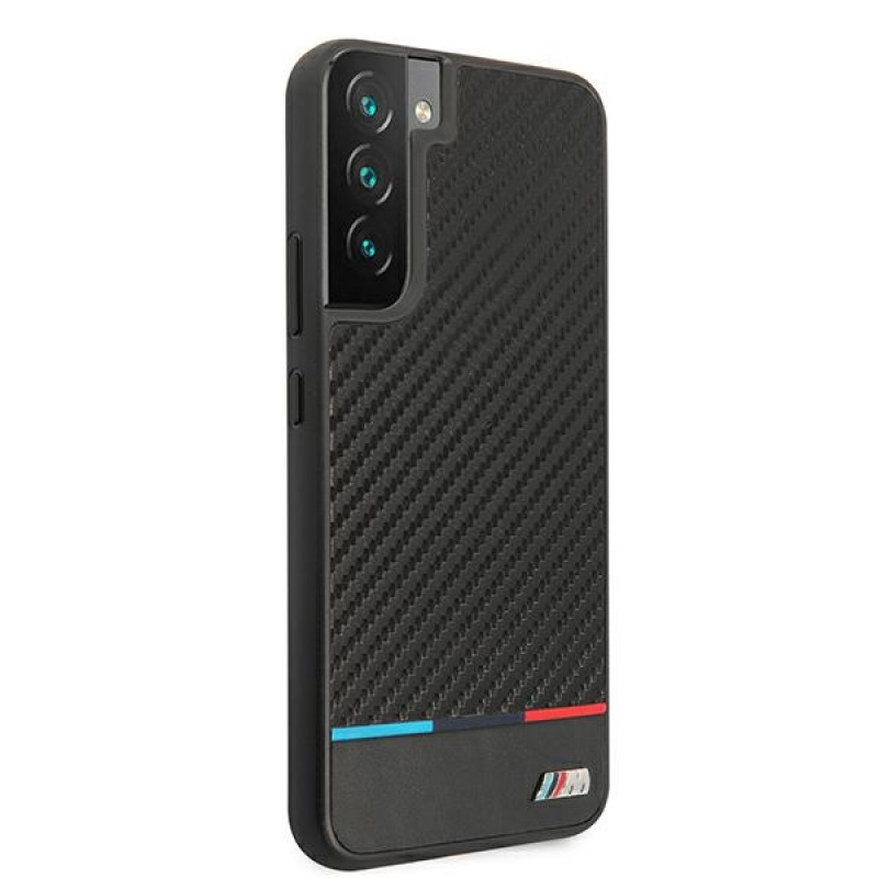 BMW BMHCS22MPUCARTCBK kietas dėklas Samsung Galaxy S22+ telefonui, M Collection Triangles, juodos spalvos