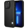 BMW BMHCP14L22RBDK Leather Blue Dots kietas telefono dėklas modeliui iPhone 14 Pro 6,1", juodas