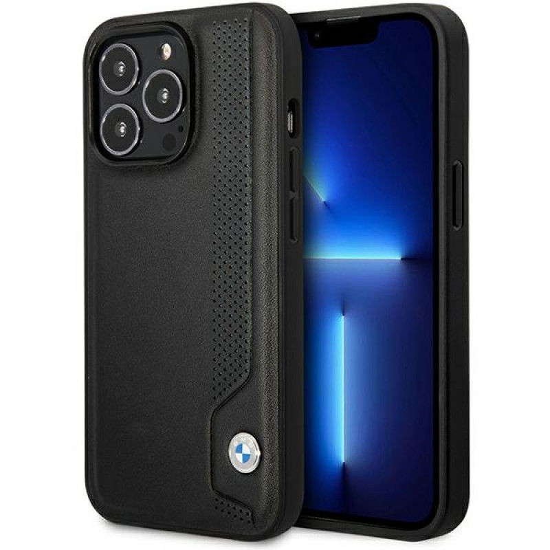 BMW BMHCP14L22RBDK Leather Blue Dots kietas telefono dėklas modeliui iPhone 14 Pro 6,1", juodas
