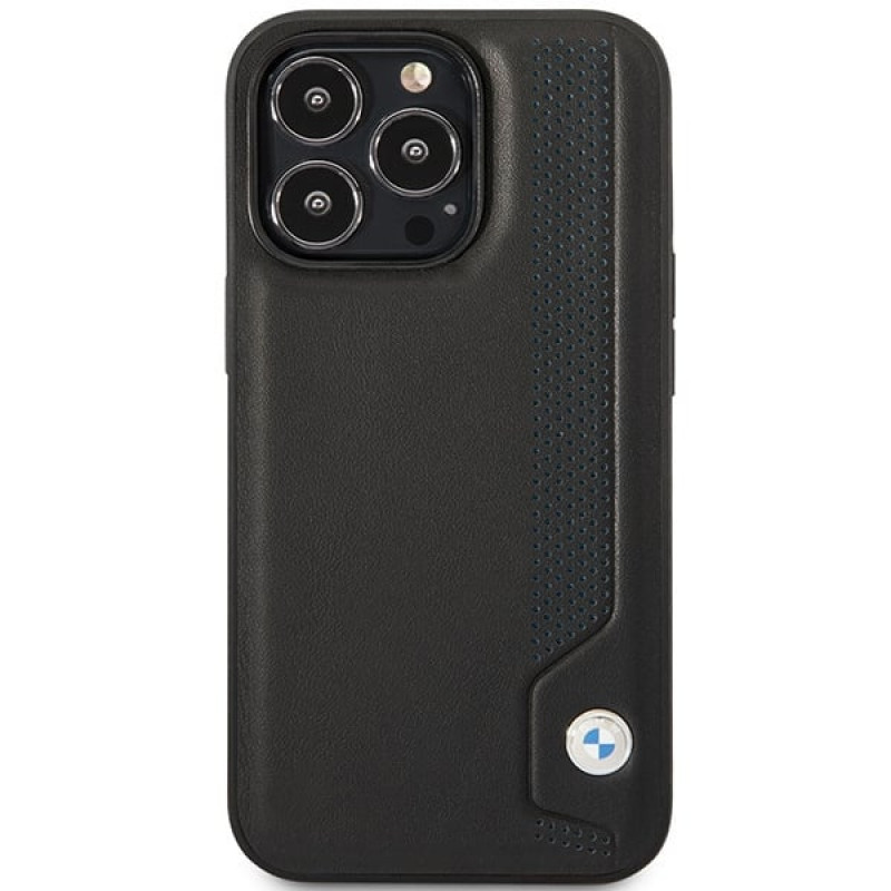 BMW BMHCP14L22RBDK Leather Blue Dots kietas telefono dėklas modeliui iPhone 14 Pro 6,1", juodas