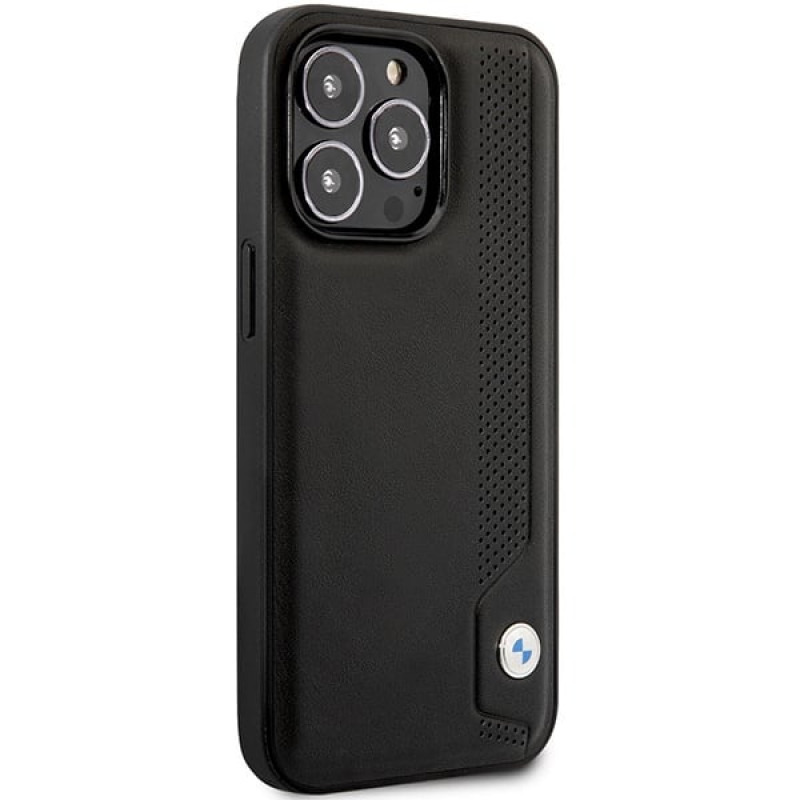 BMW BMHCP14L22RBDK Leather Blue Dots kietas telefono dėklas modeliui iPhone 14 Pro 6,1", juodas