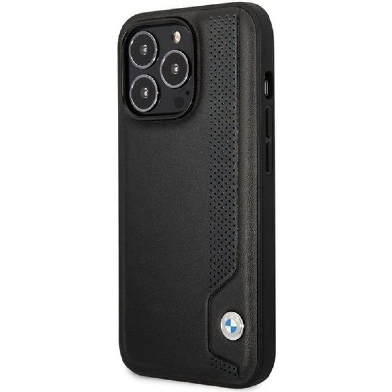 BMW BMHCP14X22RBDK Leather Blue Dots kietas telefono dėklas modeliui iPhone 14 Pro Max 6,7", juodas