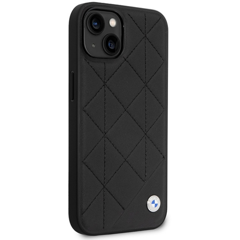 BMW BMHCP14S22RQDK Leather Quilted kietas telefono dėklas modeliui iPhone 14 6,1", juodas