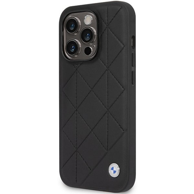 BMW BMHCP14L22RQDK Leather Quilted kietas telefono dėklas modeliui iPhone 14 Pro 6,1", juodas