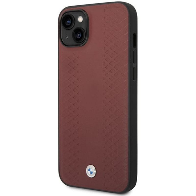 BMW BMHCP14S22RFGR Leather Diamond Pattern kietas telefono dėklas modeliui iPhone 14 6,1", bordo spalvos