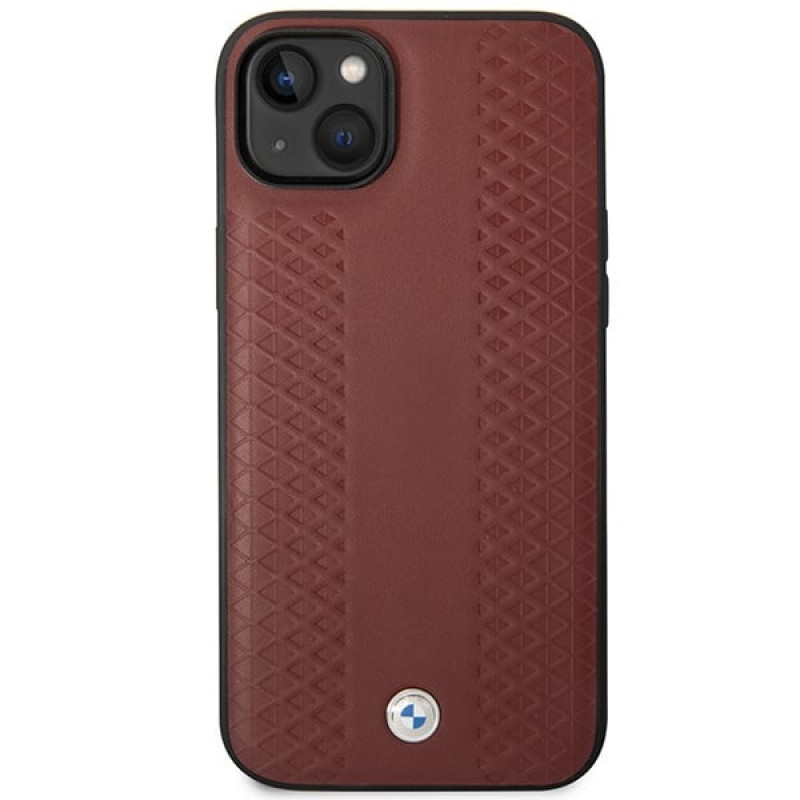 BMW BMHCP14S22RFGR Leather Diamond Pattern kietas telefono dėklas modeliui iPhone 14 6,1", bordo spalvos