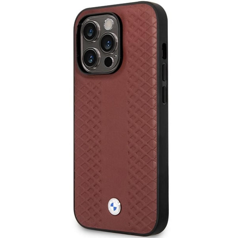 BMW BMHCP14L22RFGR Leather Diamond Pattern kietas telefono dėklas modeliui iPhone 14 Pro 6,1", bordo spalvos