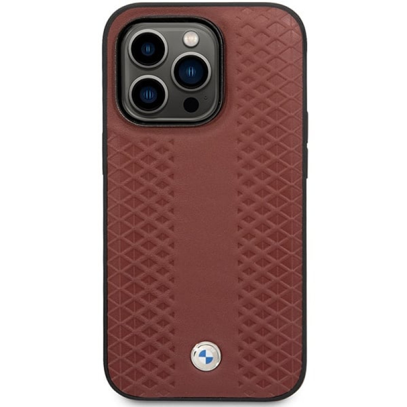 BMW BMHCP14L22RFGR Leather Diamond Pattern kietas telefono dėklas modeliui iPhone 14 Pro 6,1", bordo spalvos