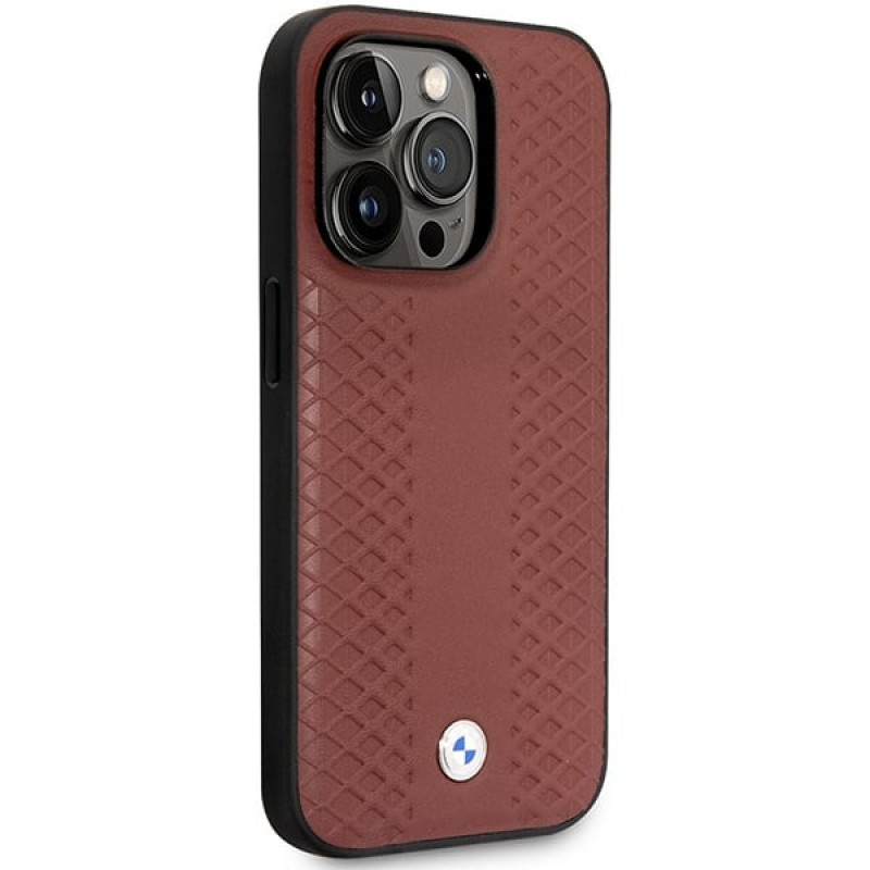 BMW BMHCP14X22RFGR Leather Diamond Pattern kietas telefono dėklas modeliui iPhone 14 Pro Max 6,7", bordo spalvos