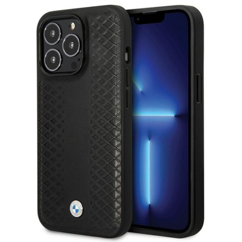 BMW BMHCP14L22RFGK Leather Diamond Pattern kietas telefono dėklas modeliui iPhone 14 Pro 6,1", juodas