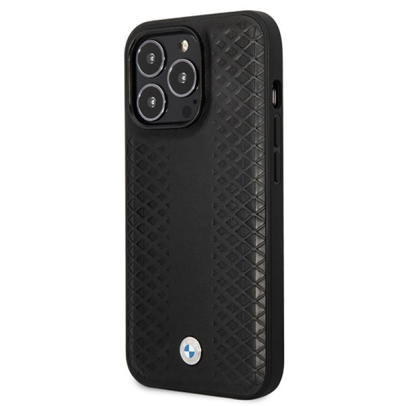 BMW BMHCP14L22RFGK Leather Diamond Pattern kietas telefono dėklas modeliui iPhone 14 Pro 6,1", juodas