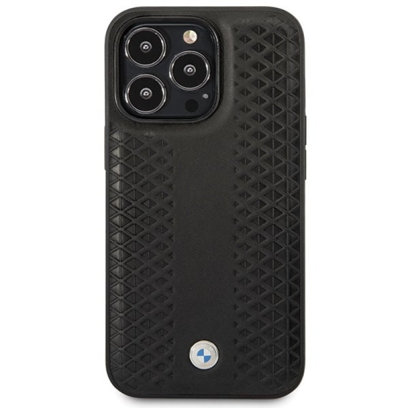 BMW BMHCP14L22RFGK Leather Diamond Pattern kietas telefono dėklas modeliui iPhone 14 Pro 6,1", juodas