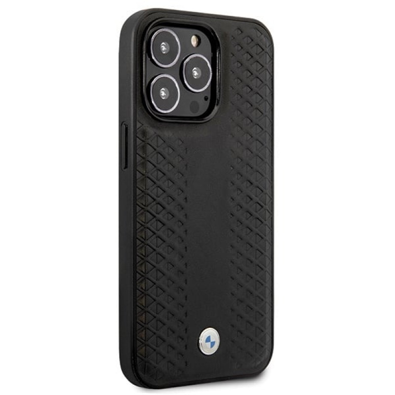 BMW BMHCP14L22RFGK Leather Diamond Pattern kietas telefono dėklas modeliui iPhone 14 Pro 6,1", juodas