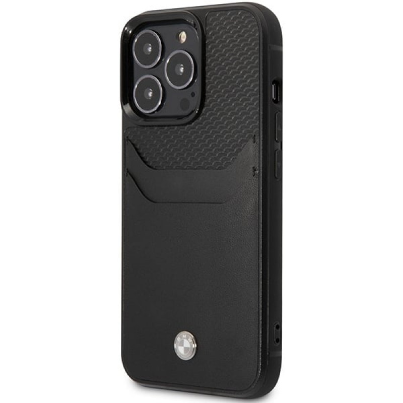 BMW BMHCP14L22RSEPK apsauginis dėklas, skirtas iPhone 14 Pro, juodas, Leather Card Slot