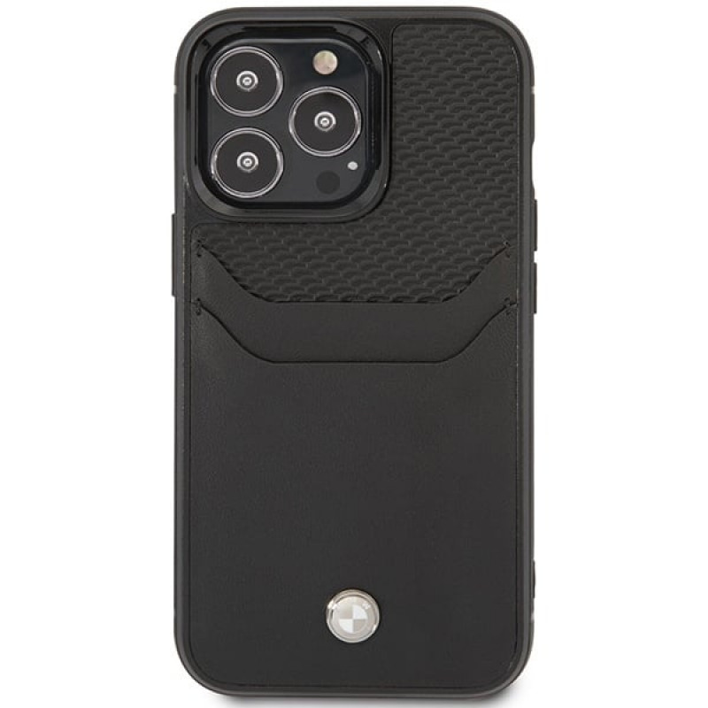 BMW BMHCP14L22RSEPK apsauginis dėklas, skirtas iPhone 14 Pro, juodas, Leather Card Slot