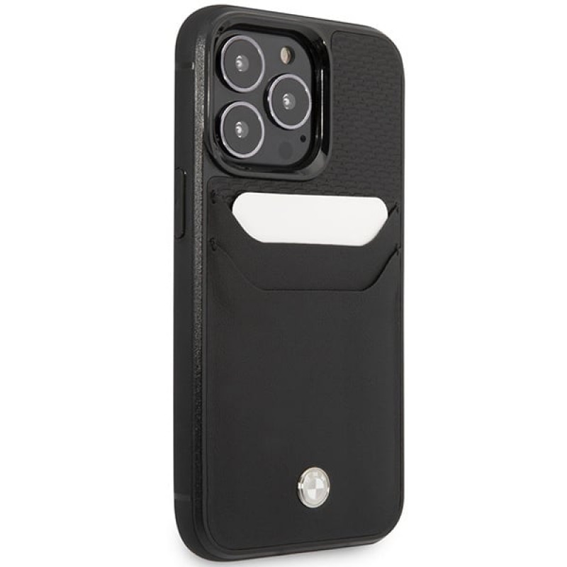 BMW BMHCP14L22RSEPK apsauginis dėklas, skirtas iPhone 14 Pro, juodas, Leather Card Slot