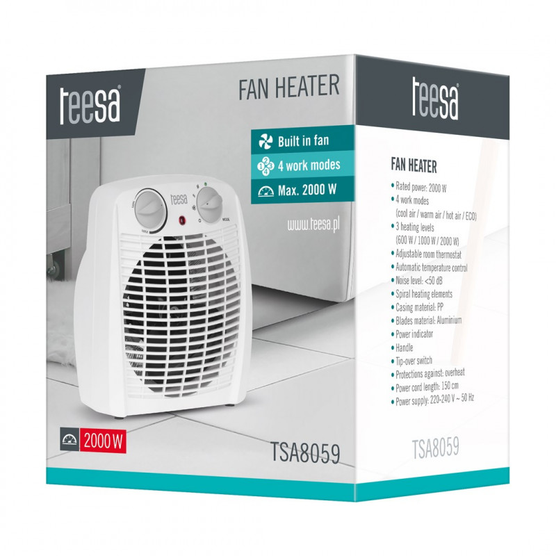 Teesa TSA8059 baltas ventiliatorinis šildytuvas, 0,8/1,2/2 kW
