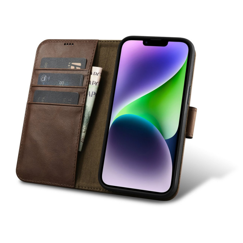 iCarer Oil Wax Wallet Case 2in1 iPhone 14 Plus dėklas su atvartu iš odos, Anti-RFID, rudas (WMI14220723-BN)