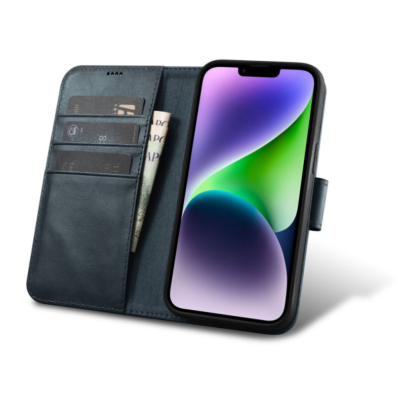 iCarer Oil Wax Wallet Case 2in1 iPhone 14 Plus dėklas su atvartu iš odos, Anti-RFID, mėlynas (WMI14220723-BU)