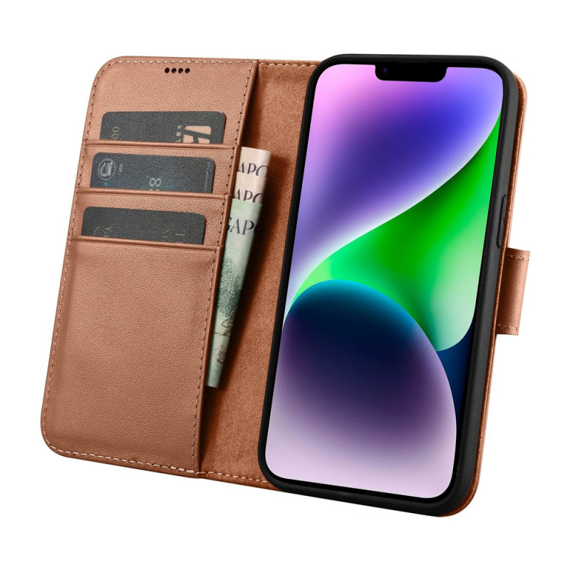 iCarer Wallet Case 2in1 iPhone 14 Plus dėklas su atvartu iš odos, Anti-RFID, rudas (WMI14220727-BN)