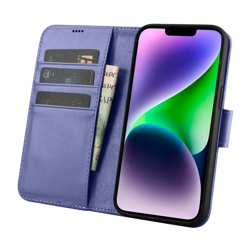 iCarer Wallet Case 2in1 iPhone 14 Plus dėklas su atvartu iš odos, Anti-RFID, šviesiai violetinis (WMI14220727-LP)