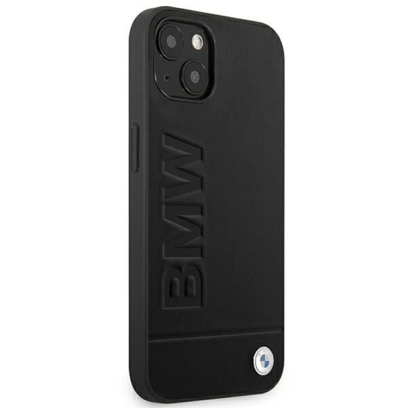 BMW BMHCP14MSLLBK Apple iPhone 14 Plus / 15 Plus dėklas, Leather Stamp, juodas