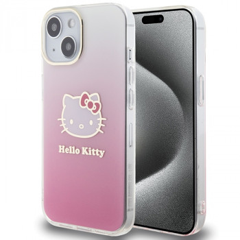 Hello Kitty HKHCP15SHDGKEP IML Gradient Electrop Kitty Head kietasis dėklas, skirtas Apple iPhone 15 6.1", rausvas