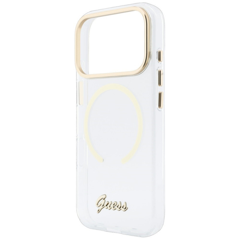 Guess IML Script Metal MagSafe dėklas, skirtas Apple iPhone 18 Pro Max / 17 Pro Max, permatomas