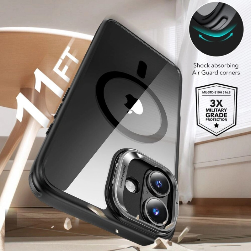 ESR Classic Hybrid Kickstand HaloLock MagSafe dėklas su grūdintu stiklu, skirtas Apple iPhone 16, permatomas/juodas