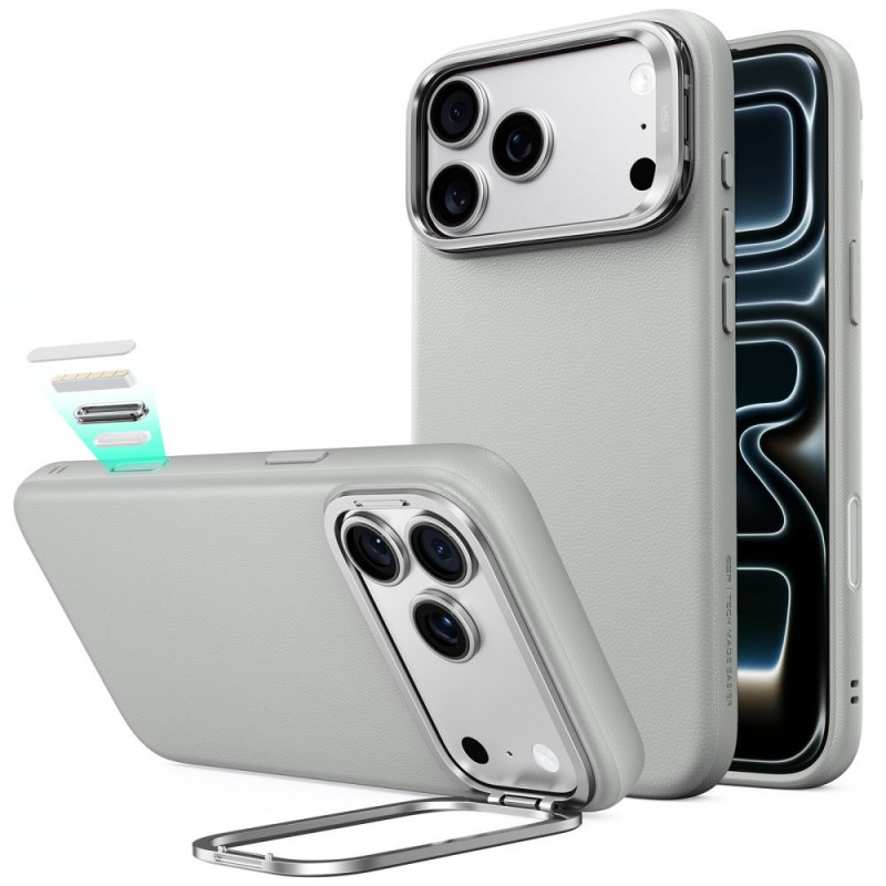 ESR Leather Kickstand MagSafe dėklas Apple iPhone 17 Pro / 18 Pro, pilkas